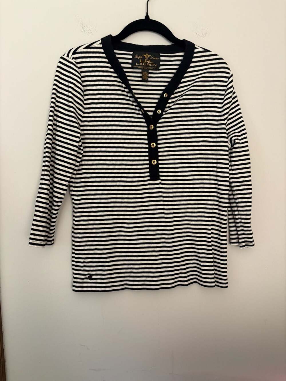 LRL Ralph Lauren Women’s Striped Rib-Knit 3/4 Sleeve Henley Top Sz L